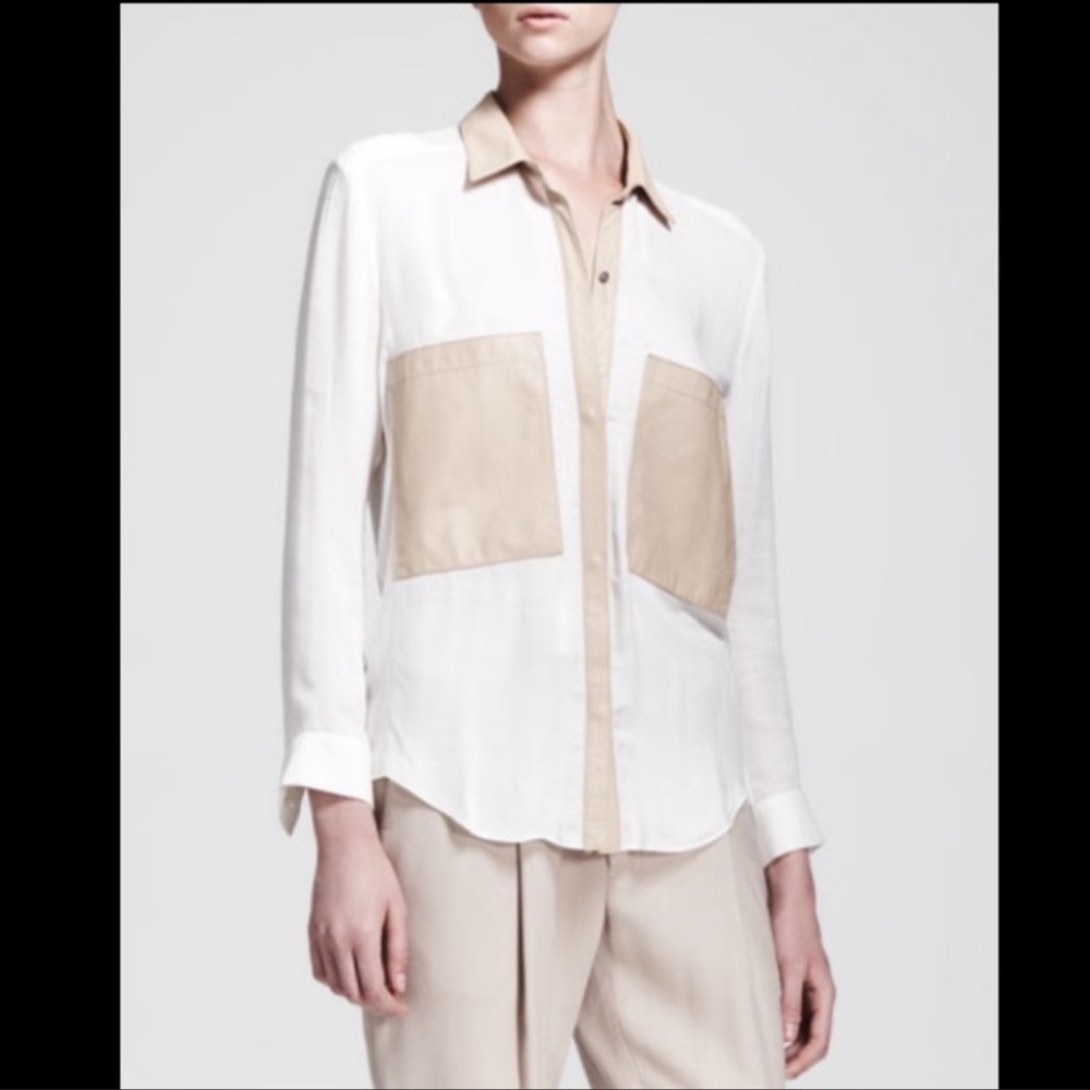 HELMUT LANG Button Up Blouse Leather Pockets & Trim